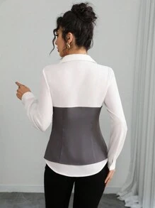 Calvaya Women's Elegant & Stylish Commuting Casual 2 In 1 Long Sleeve Color Block Shirt, For Spring, Autumn & Winter