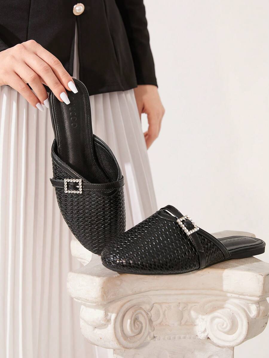 CUCCOO CHICEST Women's Fashion Rhinestone Buckle Black Flat Loafers Spring Shoes Spring Break Easter - Black - View 1