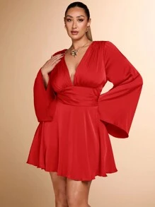 SHEIN BAE Robe rouge en satin col V coupe évasée, convient pour les fêtes et les sorties. Robe de fête de Noël, mini-robe, costume d'Halloween pour femmes, vêtements d'hiver pour femmes, robe à manches longues, robe du Nouvel An, Thanksgiving, vacances, mariage, sortie du soir, robe de cocktail
