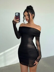 Aloruh 浪漫露肩长袖紧身迷你连衣裙，带网眼和褶饰，纯色 - 杏色 - 查看 1