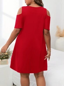 SHEIN LUNE Plus Size Crew Neck Open Shoulder Short Sleeve Simple Casual Short Dress