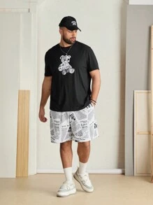 Manfinity VCAY Plus Size Men's Loose Knit Bear Pattern T-Shirt And Shorts Set, Casual