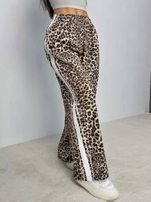 SHEIN PETITE Quần nỉ họa tiết da báo thường ngày mùa xuân và mùa hè cho nữ đồng phục trở lại trường - màu nâu - Xem 9