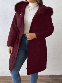 SHEIN LUNE Jaket Puffer Kasual Berkerudung dengan Saku, Warna Polos, Ukuran Besar, Lengan Panjang, Resleting Depan, Pakaian Musim Dingin - Burgundy - View 7