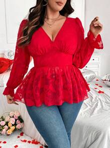 Flirla 大码女式 V 领长袖提花酒红色雪纺优雅复古衬衫，情人节 - 紅色 - 查看 6
