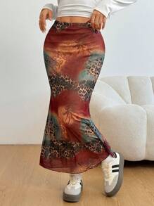 SHEIN EZwear 女士印花网眼不对称无袖紧身裙