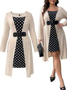 SHEIN Clasi Vestido casual de manga larga con patchwork y lunares para mujer talla grande - Albaricoque - Ver 3