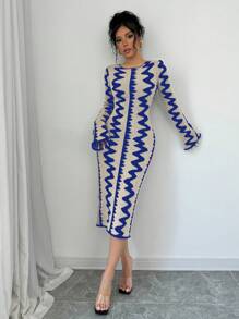 Elenzga 女士优雅提花针织紧身连衣裙 - 藏蓝色 - 查看 3