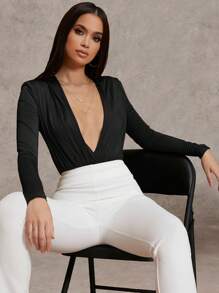 Silquee Plunging Ruched Solid Bodysuit - Black - View 6