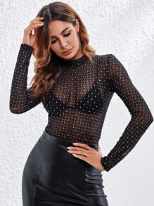 SHEIN BAE Fishnet Sheer Slim Top Without Bra - Black - View 6