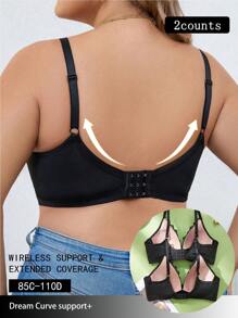 Wedaily 2 pièces Ensemble de soutien-gorge sans fil à empiècement en dentelle grande taille - Noir - Voir 2