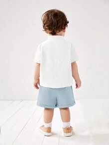 SHEIN Leap Crew 2 件装男童/女童纯色立领短袖开衫上衣配蝴蝶结装饰和休闲短裤套装