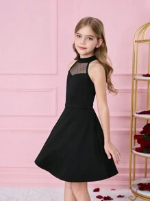 SHEIN Leap Crew Tween Girl 可爱黑色情人节撞色网眼无袖连衣裙，夏季 - 黑色 - 查看 4