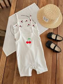 SHEIN LMoss Kids 3pcs/Set Newborn Baby Girl Summer Adorable Cherry Knitted White Jumpsuit Outfit Print - White - View 6