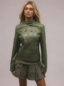 MUSERA PU Leather Fitter Trucker Jacket Spring, Summer, Sweet Muse Festival Holiday Rave Festival - Green - View 1