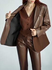 Aveloria Modichic Vintage Style Asymmetrical Design PU Patchwork Solid Color Blazer Jacket, Women Business Office Lady Formal Workwear, Autumn/Winter Fall Cloth For Women - Brown - View 7