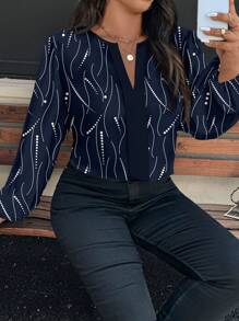 SHEIN Clasi V 领休闲优雅闪亮图案大码衬衫，适合秋冬季 - 藏蓝色 - 查看 3