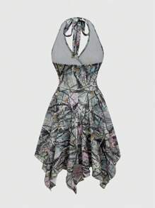 ROMWE Camouflage & Scribble Print Asymmetrical Hem Mid-Length Dress - Green - View 2