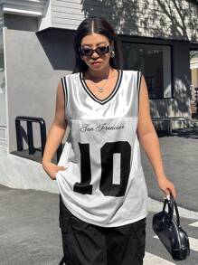 SHEIN EZwear 大码字母印花透明背心，简约休闲风格，适合日常穿着