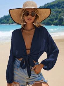 Swim Vcay Women's Solid Color Drop Shoulder Short Kimono Cover Up Summer - Navy Blue - View 2