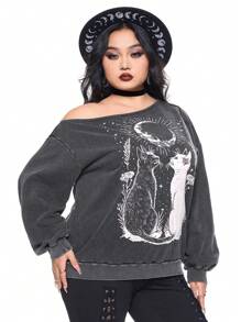 ROMWE Fairycore Women's Plus Size Black Cat Moon Star City Print Casual Plus Size Sweatshirt - Black - View 3