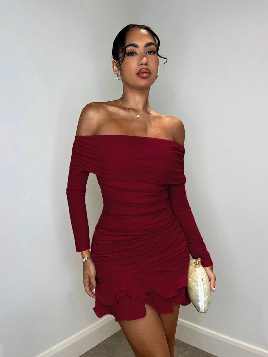 SHEIN BAE Váy ngắn hở vai gợi cảm tay dài xếp nếp lưới màu trơn cho nữ, thanh lịch, ngọt ngào, thích hợp cho các buổi tụ tập trà chiều, đi chơi thời trang, hẹn hò, đi chơi ngọt ngào, đi chơi đêm, tiệc Giáng sinh, đêm giao thừa, trang phục ngày lễ cho phụ nữ, váy dài tay, trang phục gợi cảm cho phụ nữ, trang phục câu lạc bộ cho phụ nữ, váy ngắn tay dài - Màu Đỏ Sâu - Xem 1