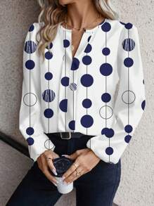 SHEIN Clasi Women's Casual Simple Geometric Print Lantern Sleeve Shirt, Suitable For Spring And Autumn Spring Clothes