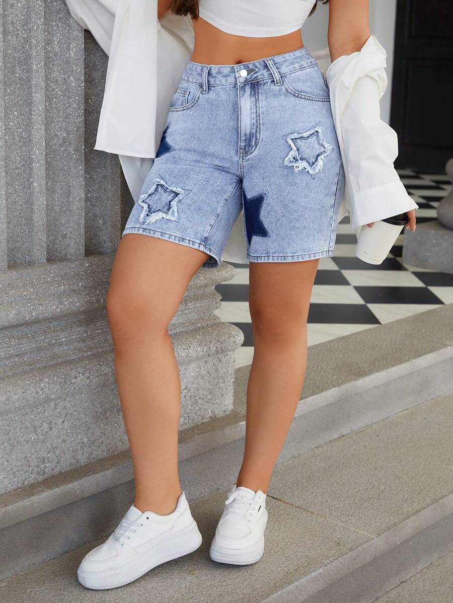 SHEIN Essnce Embroidered Star Women's Washed Denim Shorts