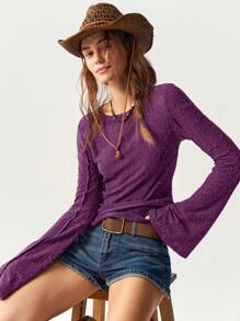 Bohemela 1 pezzo Maglietta a maniche a palloncino regolare con inserti in pizzo e colore tinta unita casual da donna