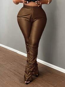 Slaydiva Plus Size Elegant Slim Fit Solid Black Front Metal Zipper Ruched Pants For Autumn/Winter - Mocha Brown - View 8