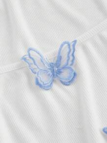 SHEIN MOD 1pc Women Plus Size Square Collar Flare Sleeve Butterfly Print T-Shirt, White And Blue - White - View 3