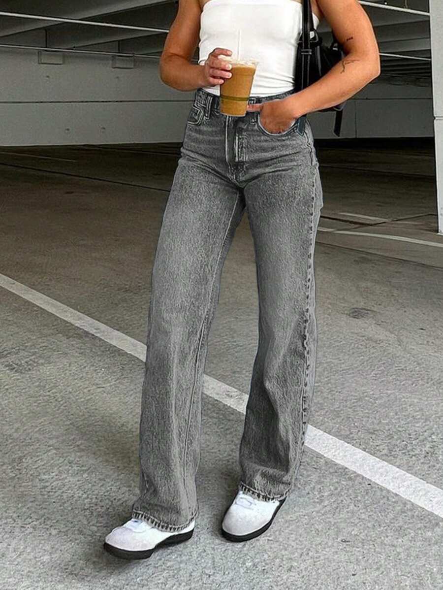 Versatile All-Match Slim-Fit Straight Leg Jeans - Light Grey - View 1