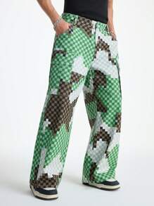 Chillumni Men's Camouflage Denim Patchwork Loose Cargo Pants, Street Fashion Wide Leg Trousers - Army Green - View 3