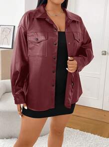 SHEIN EZwear Plus Size Burgundy Minimalist PU Collar Shacket, Early Autumn