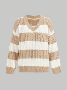 Jouncy Women Casual Color Block Cable Knit Drop Shoulder Loose Pullover Sweater For Autumn/Winter Knit Pullover Fall - Multicolor - View 2