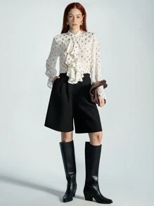 SHEIN Privé Elegant White Polka Dot Chiffon Blouse,Office Ruffled Collar Foil Print Sheer Top,High-End Fashion Autumn Cloth For Women,Spring Valentine's Day - White - View 2