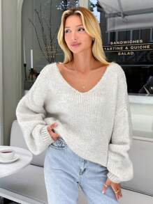 EURMUSE Women V Neck Knit Loose Fit Comfy Warm Sweater Soft Yarn - Beige - View 1