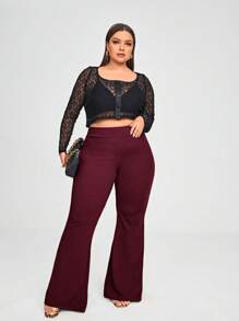 SHEIN PETITE CURVE Plus Size Solid Color Flared Pants, Casual Everyday Wear - Maroon - View 4
