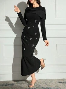 Modelyn Vestido largo elegante de manga larga con adorno de rhinestones y ajustado para damas - Negro - Ver 2