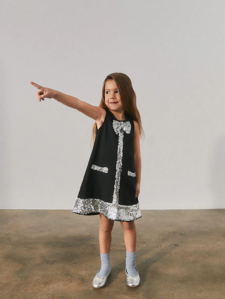 Loose Round Neck Patchwork Sequins Bow Decor Dress
