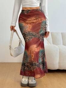 SHEIN EZwear 女士印花网眼不对称无袖紧身裙