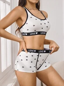 EasyFave 女士撞色边饰字母细节简约上衣和下装内衣套装 - 黑與白 - 查看 6