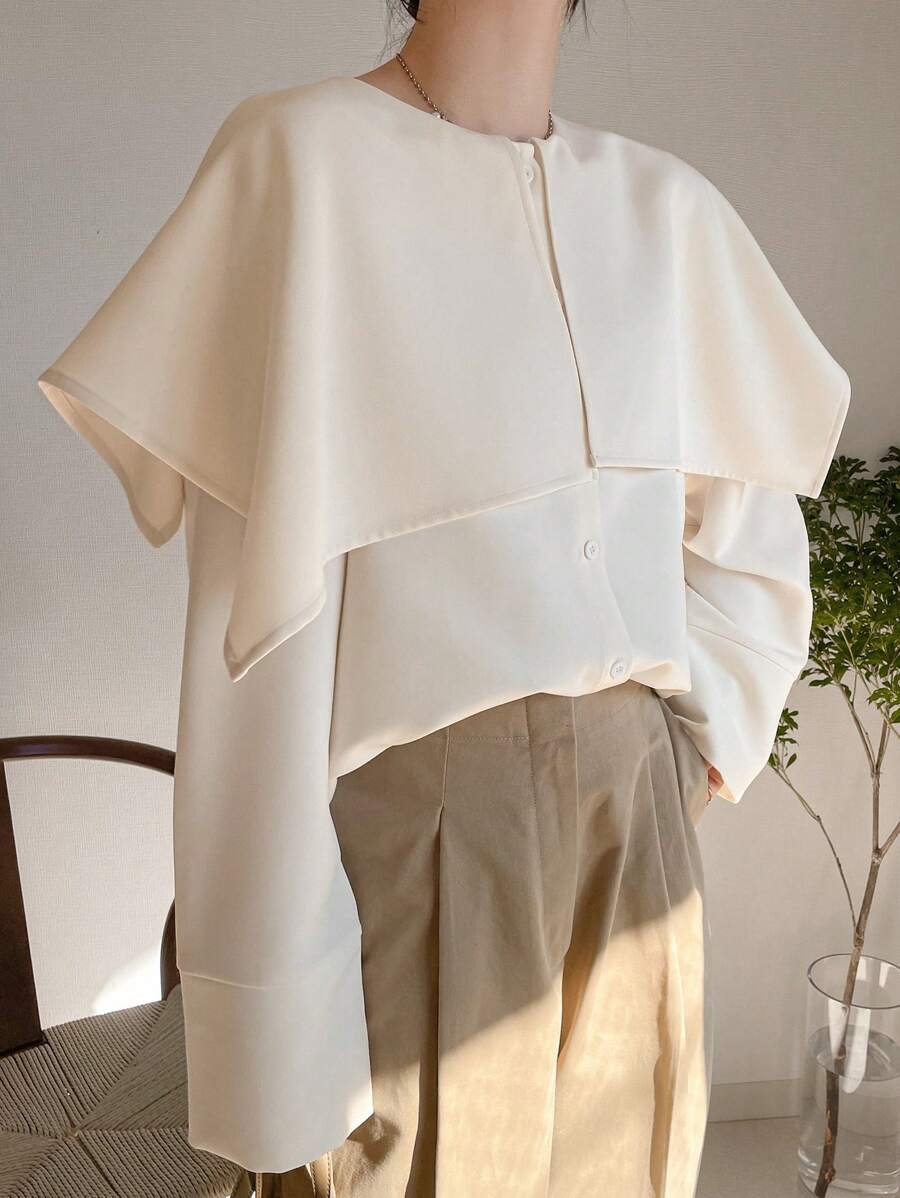 FRIFUL Blusa casual de manga larga de un solo color con botones delanteros para mujer, para uso diario - Blanco - Ver 1