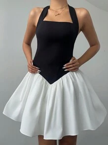 Aloruh Black & White Contrast Color Halter Party Short Dress, Elegant For Women, For Graduation
