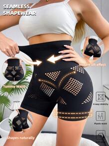 Short de cintura alta de unicolor con diseño calado, prenda moldeadora para mujer