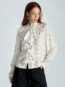 SHEIN Privé Elegant White Polka Dot Chiffon Blouse,Office Ruffled Collar Foil Print Sheer Top,High-End Fashion Autumn Cloth For Women,Spring Valentine's Day - White - View 6