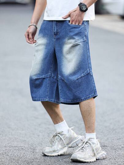 Manfinity EMRG Pantalones cortos vaqueros casuales anchos con pinzas y bolsillos para hombre