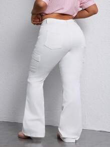 SHEIN EZwear Plus Size Women's Cargo Pocket Flare Leg Casual Jeans - White - View 2