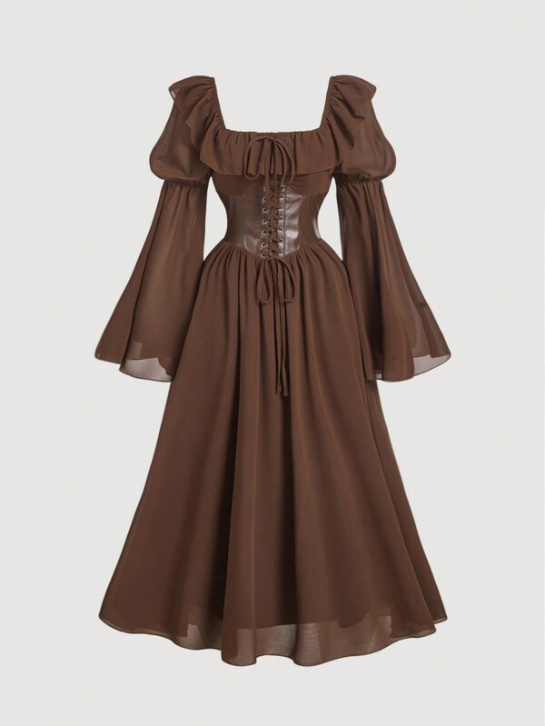 SHEIN MOD Plus Size Brown Vintage Palace Style 2 In 1 Princess Dress, Romantic Palace Dress