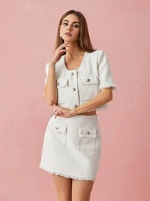 Enchnt 春冬浪漫女士时尚白色金属纽扣装饰短袖流苏粗花呢夹克，甜美优雅，适合情人节、节日、甜蜜约会和日常通勤 - 白色 - 查看 4